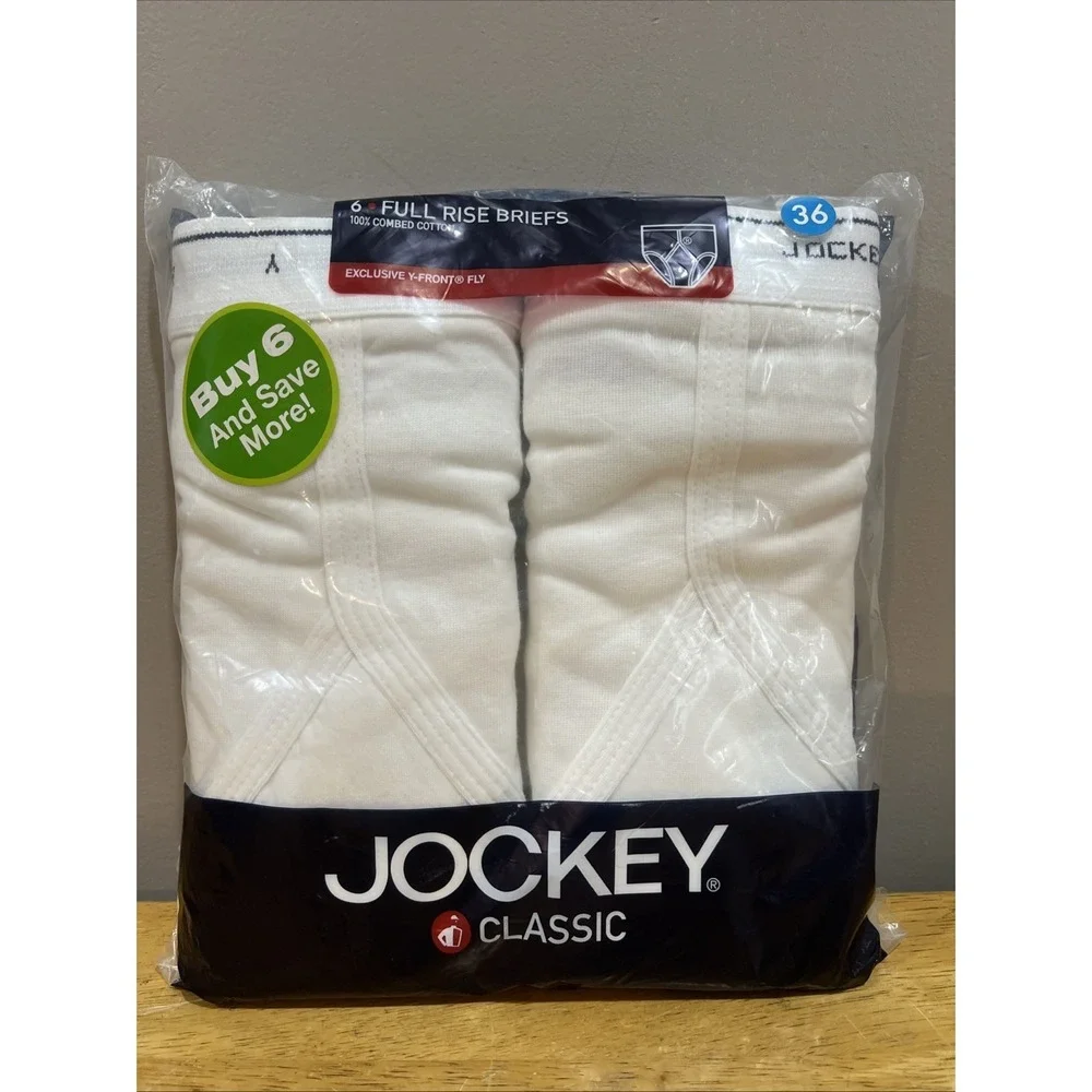 Jockey Classic 6 Pack Men's White Full‎ Rise Briefs Y-Front Fly Cotton Size 36